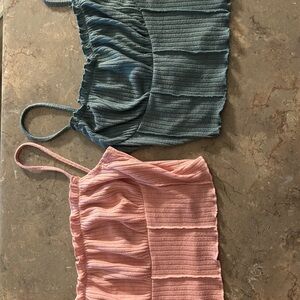 Set of Two Ribbed Crop Tops - Blue and Pink